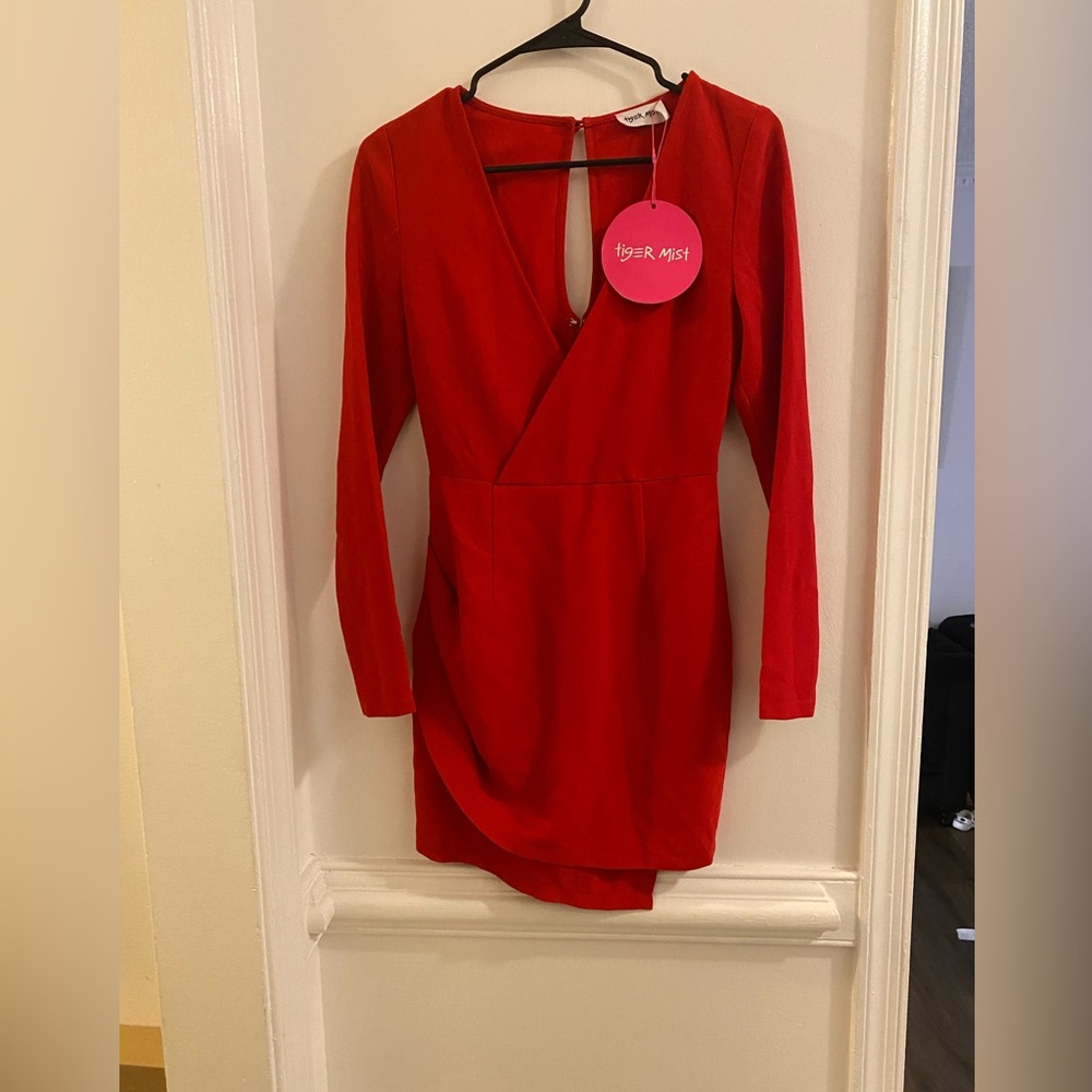 Tiger Mist Bright Red Long Sleeve Wrap Mini Dress